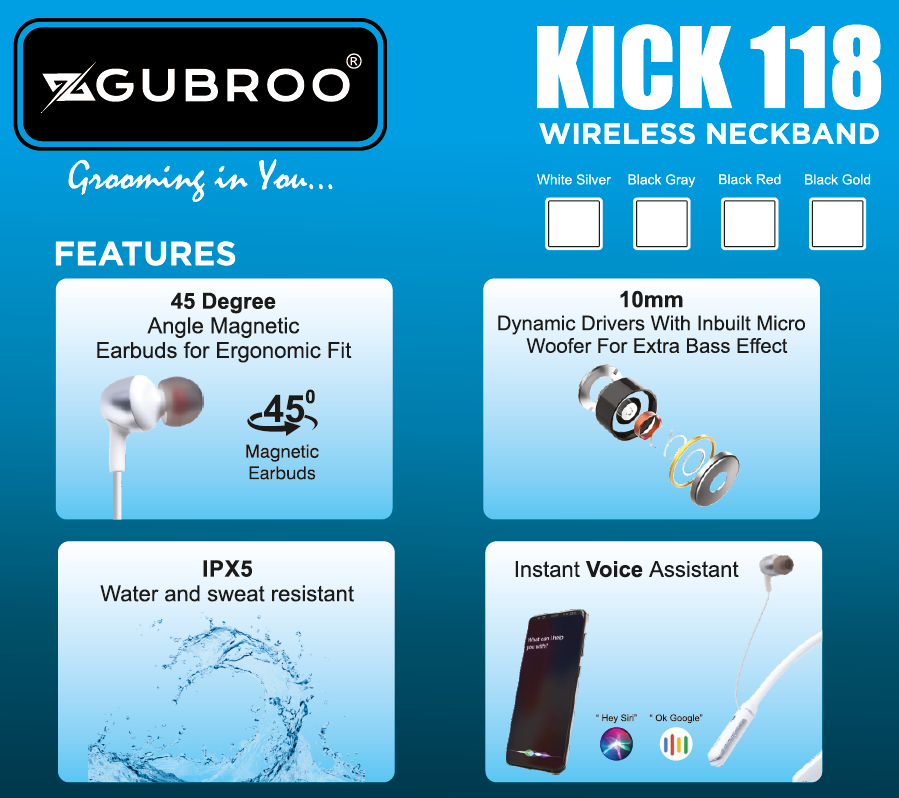 GUBROO KICK 118 Wireless Neckband With Deep Bass & 35Hrs Music Play Time