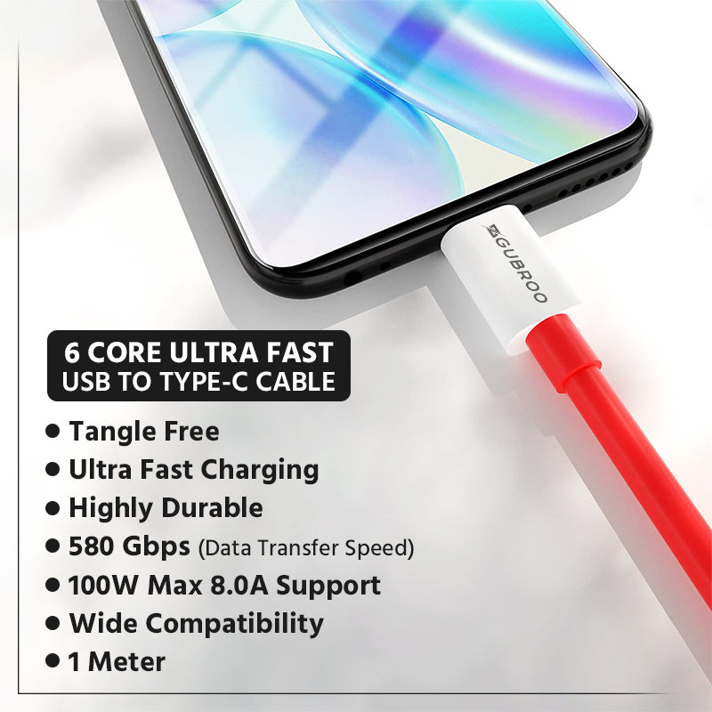 6 Core Ultra Lightening Fast USB to Type-C Data Cable with 100W 8.0A support