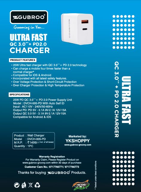25W ULTRA FAST QC 3.0 +PD 2.0 USB Wall Charger, travel Adapter with Dual-Port & Compatible with All USB to type-C and Type-C to Type-C devices