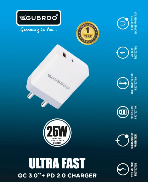 25W ULTRA FAST QC 3.0 +PD 2.0 USB Wall Charger, travel Adapter with Dual-Port & Compatible with All USB to type-C and Type-C to Type-C devices