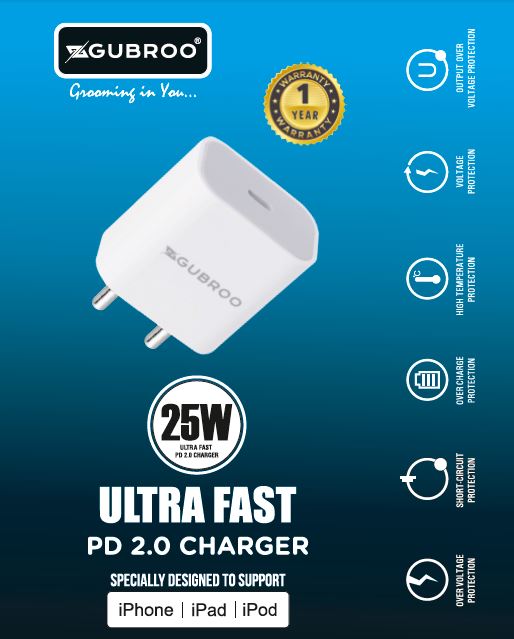 25W ULTRA FAST PD 2.0 Charger Specially Designed to support iPhone, iPad, iPod & Compatible with All the Devices